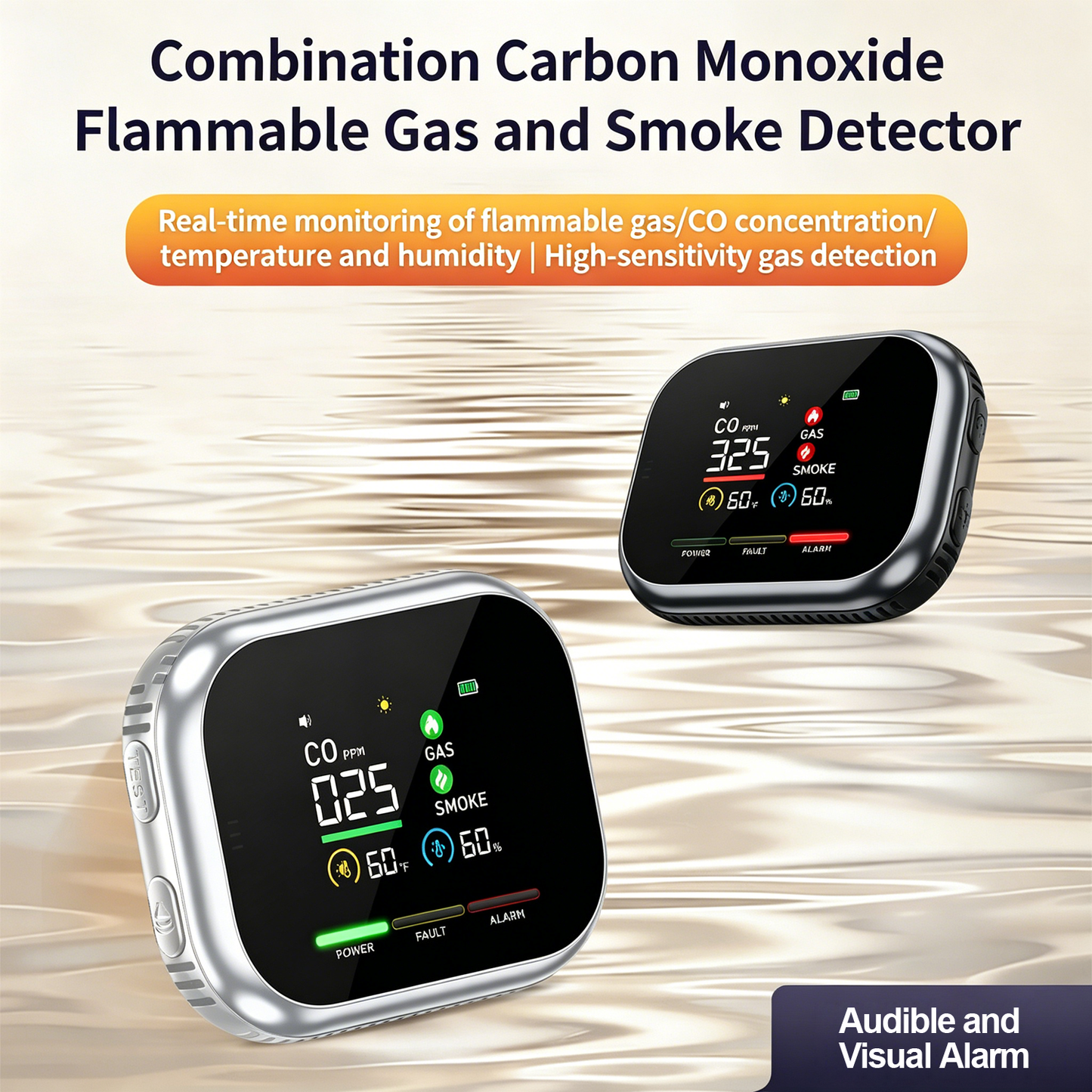 Therova 6-in-1 Environment Monitor – Plug-In CO, Gas, Smoke, Temperature & Humidity Display