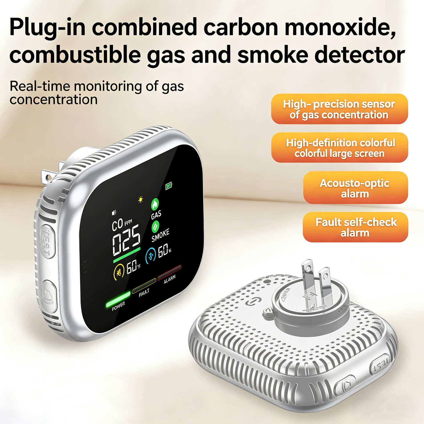 Therova 6-in-1 Environment Monitor – Plug-In CO, Gas, Smoke, Temperature & Humidity Display